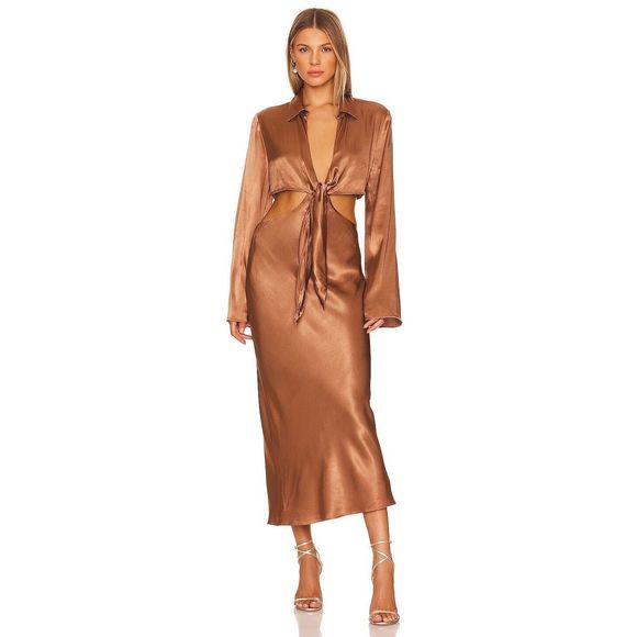 Shona Joy Dresses & Skirts - New Felicity Long Sleeve Tie Front Midi Dress in Almond Shona Joy Size Us 6